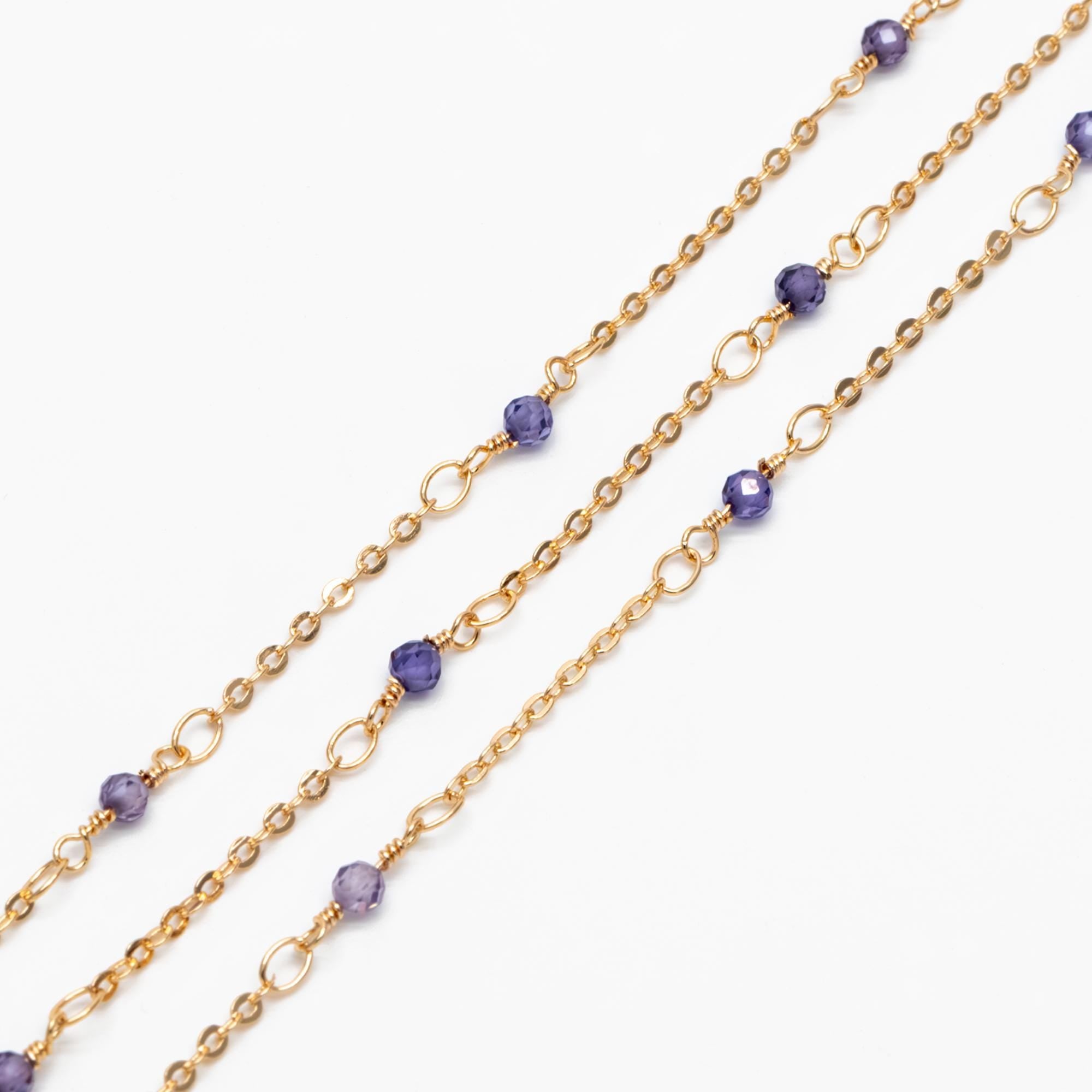 Gemstone Beaded Chain, 18K Gold plated Brass, 1.7mm Cable Chain with 3mm Quartz Beads (#LK-379)/ 1 Meter=3.3ft